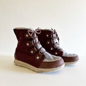 Sorel Maroon Explorer Joan Felt Waterproof Lace Up Suede Leather Boots